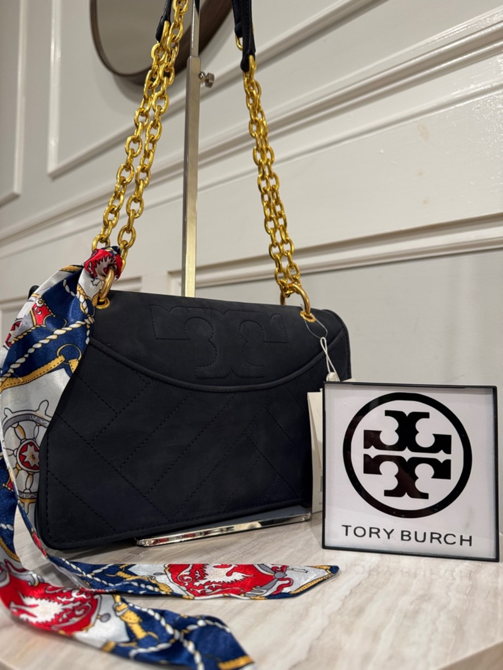 Tory Burch Bag Alexa Convertible Nubuck Suede Dark Navy Chevron Shoulder Bag
